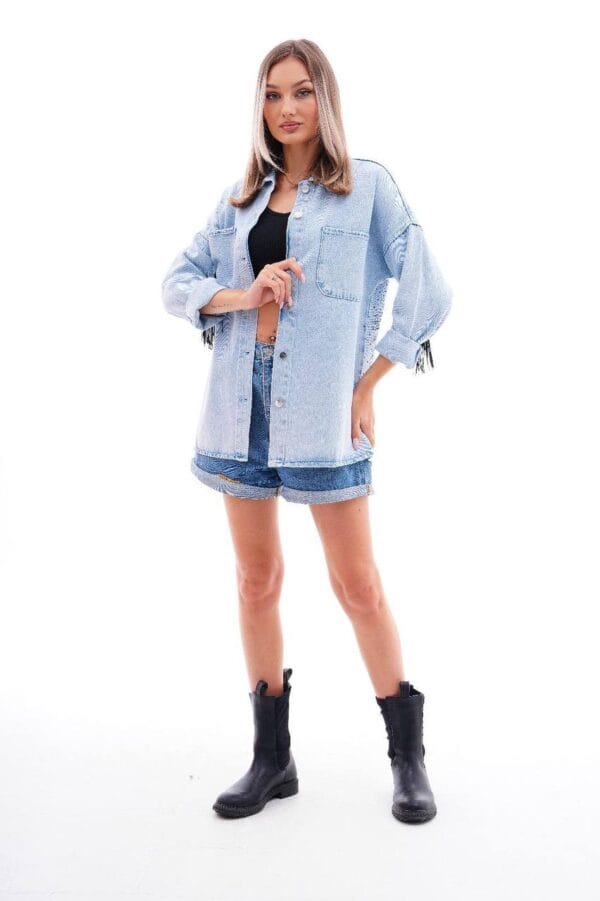 Kalp Motifli Püskül Detaylı Oversize Denim Ceket - Image 3