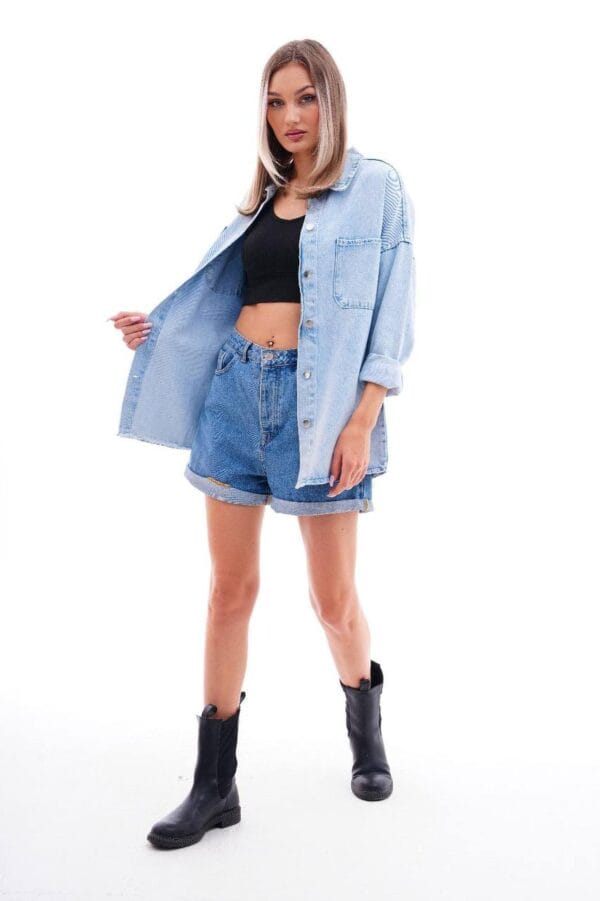 Kalp Motifli Püskül Detaylı Oversize Denim Ceket - Image 2